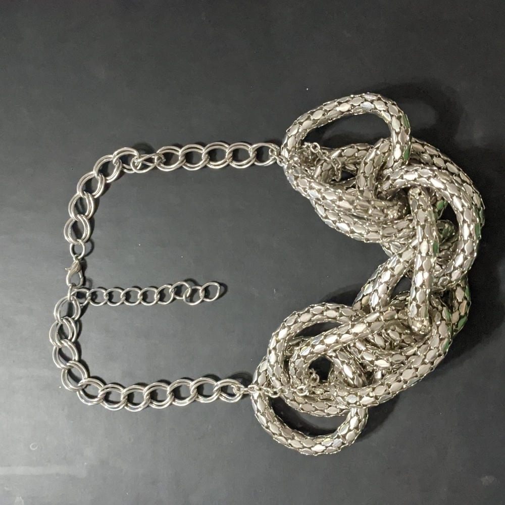 Silver Tone Mesh Chunky Chain Link Statement Necklace